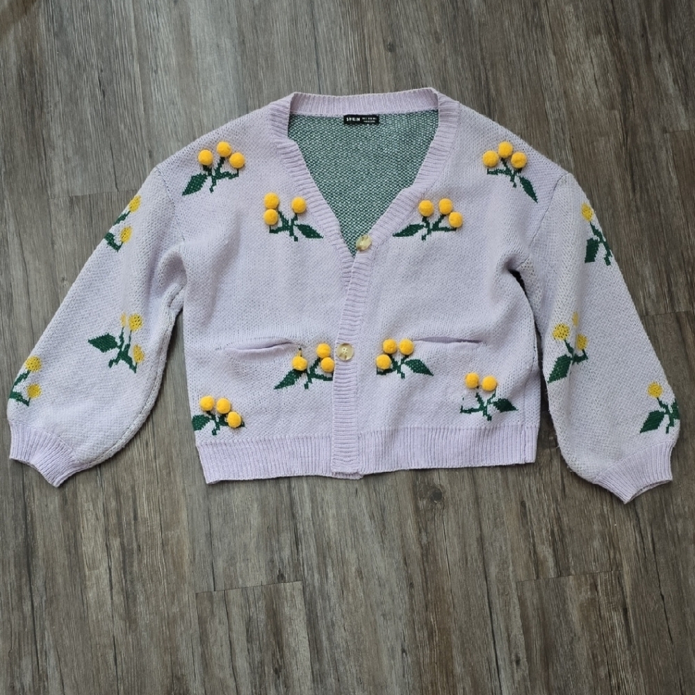 SHEIN Purple and Yellow Floral Cardigan Sweater